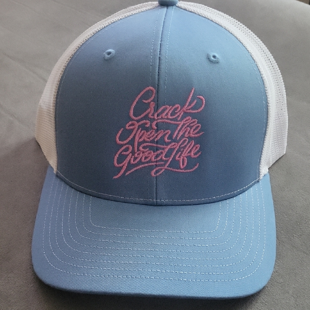 Casual Blue and White Hat with Pink Embroidery